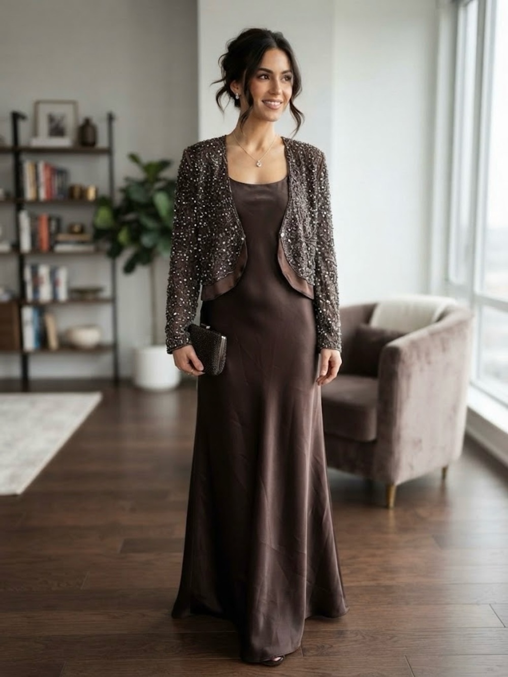 NWT Oblique Chocolate Brown Satin Formal Gown Sequin Two-Piece Set Dress Party